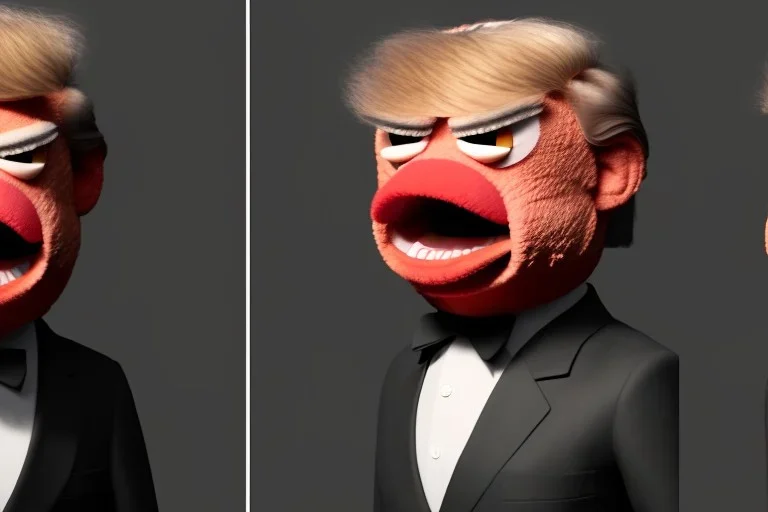 Angry muppet trump, round nose, in suit, eyebrows, spray tan mad