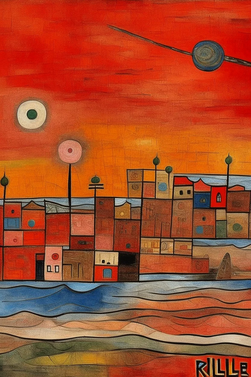 A red isles with a fiery junkyard painted by Paul Klee