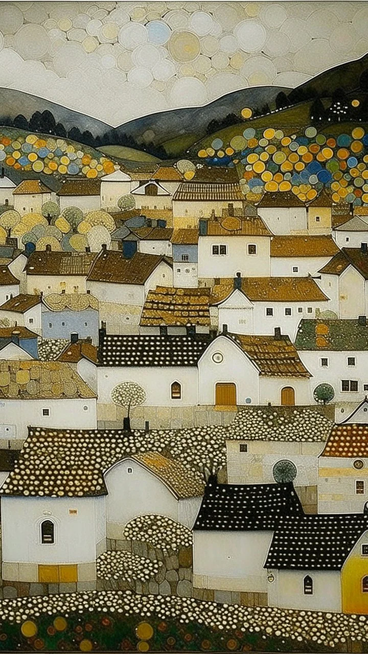 A white simple village with eyes painted by Gustav Klimt