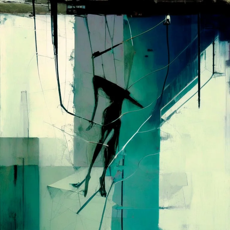 Minimal abstract oil painting of a woman limbs sinew. in concrete warehouse brutalist architecture and hanging wires illuminated at night. With triadic colours. In the style of Justin Mortimer and Phil Hale, Ashley Wood