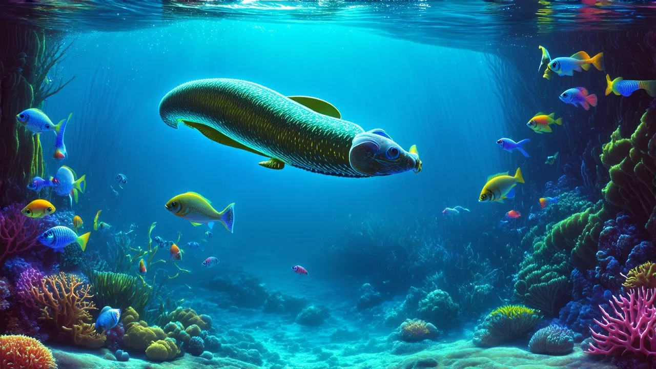 A surreal underwater landscape featuring a soleiform creature, its slipper-like form gliding gracefully through the water. In the foreground, a pisciform entity, resembling a fish, swims alongside, their scales shimmering in the ethereal light. The scene is filled with vibrant coral reefs, schools of colorful fish, and bioluminescent plants, creating a mesmerizing, otherworldly atmosphere.