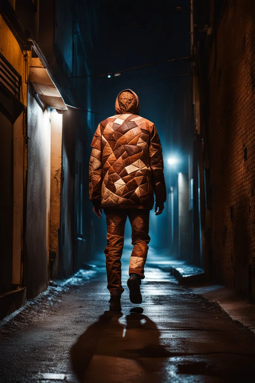 a human body sewn in a patchwork of big pieces of human skin. walking in an nighttime alley. terrifying horror setting.