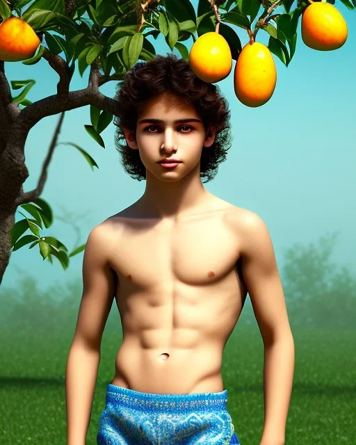 beautiful 12 year old arabic boy with long, curly hair and light blue eyes,shirtless, in front of a distant mango tree