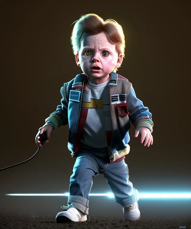 Marty mcfly toddler, full body, delorean, dramatic lighting, hyper realistic