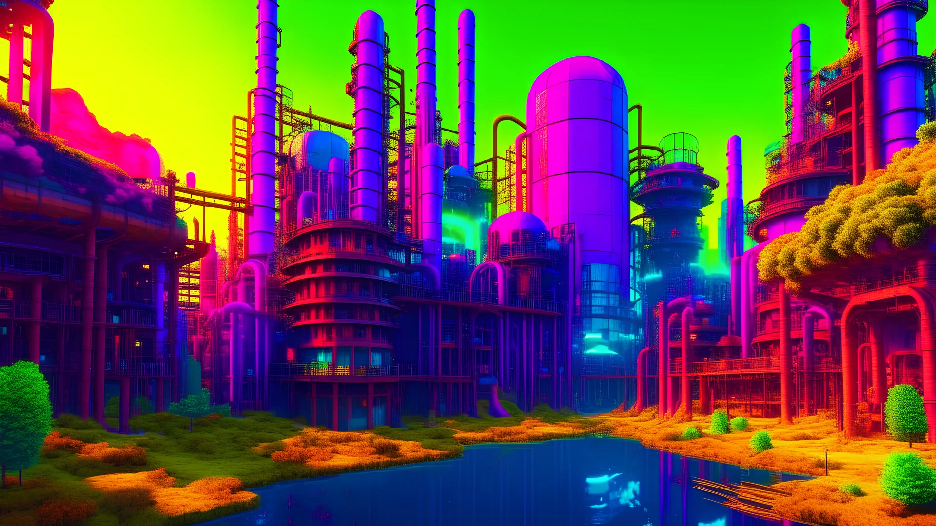 a giant factory, dreamy, psychedelic, 4k, sharp focus, volumetrics, trippy background