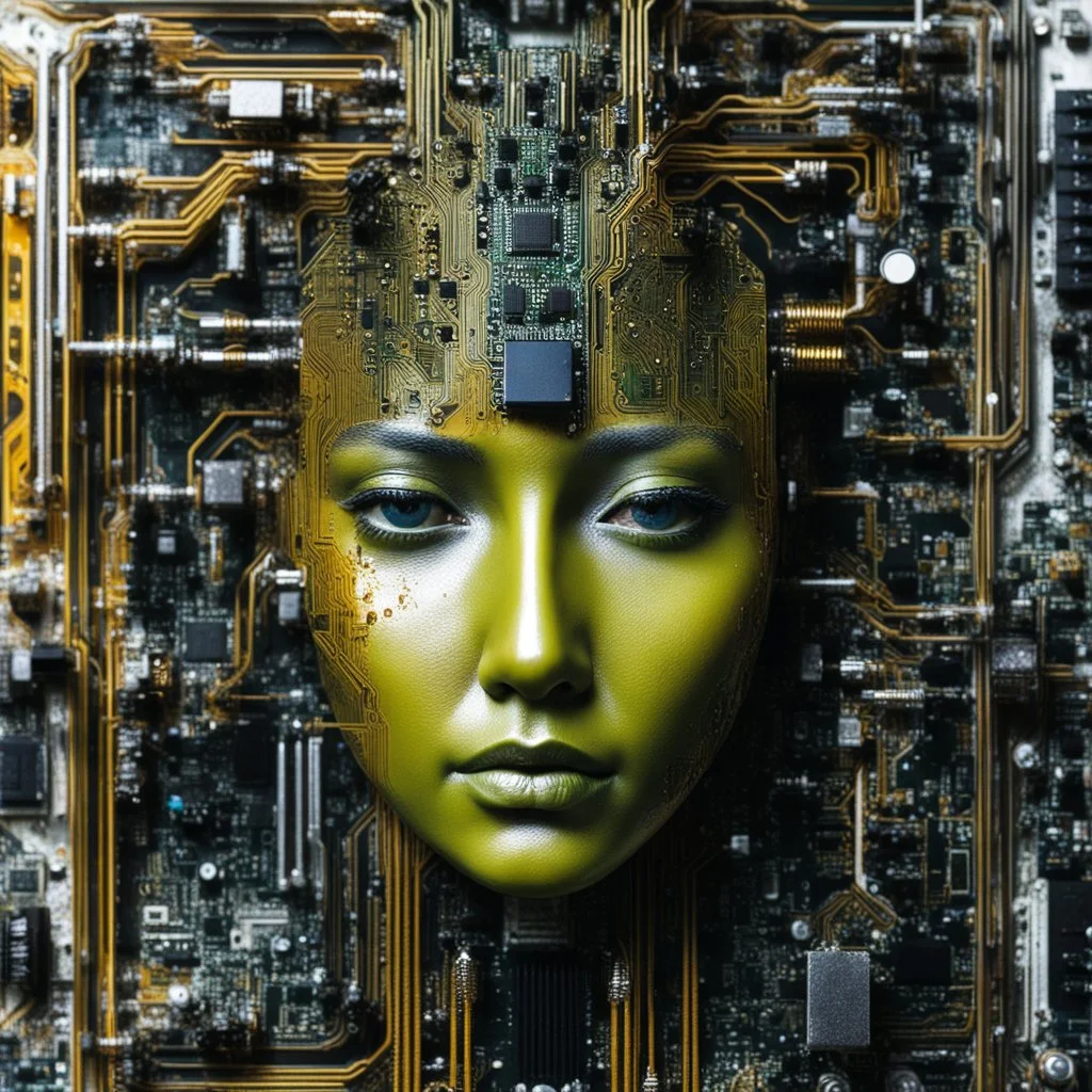 a face in circuit motherboard face,melted in to the circuit board and chipset computer