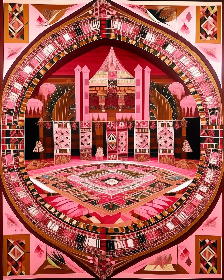 A pink magical casino with runes designed in Navajo baskets painted by John Brack