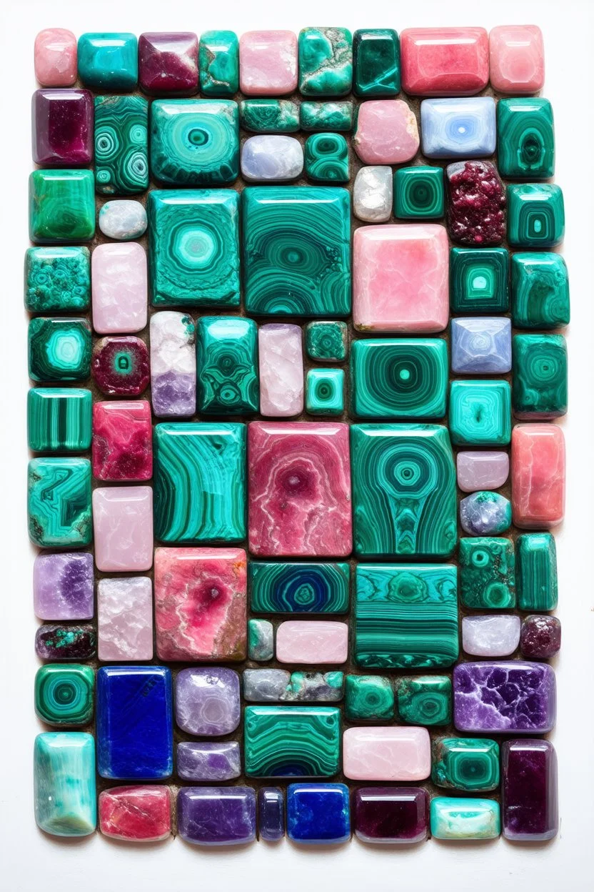 Stonehenge made out of malachite, rhodonite, jasper, amethyst, rose quartz, flourite, sodalite, turquoise and garnet; impressionism