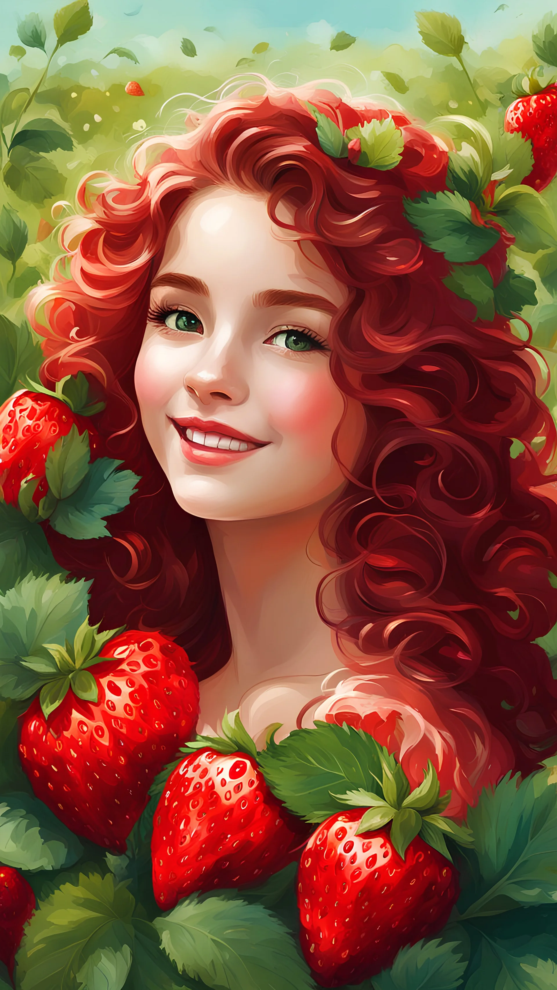 Digital painting style. In a field of bright reds and greens, She wanders and roams as if in a dream, Her hair curls match the strawberries so sweet, And her smile echoes the summer's heat, This strawberry girl, a true delight, Her beauty, a feast for the eyes and the sight. pretty face, adorable digital painting, colored ink, beautiful artwork, 4k, high quality, high detailed