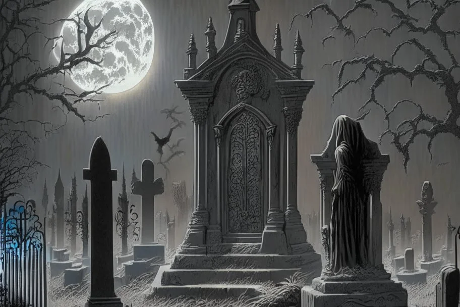 Cemetery with a ghostly figure looming over the scene:: hauntingly beautiful:: intricately detailed ::monochromatic color scheme:: dark and ominous