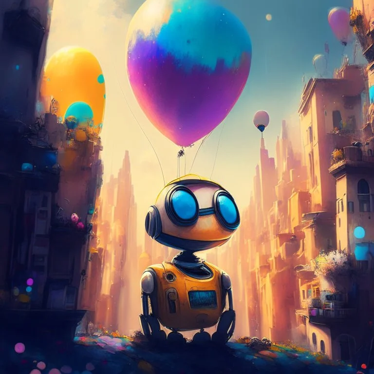 Wall-E, digital art, anime, 4k, full details, high resolution, colorful, alone, city, balloons, cinematic