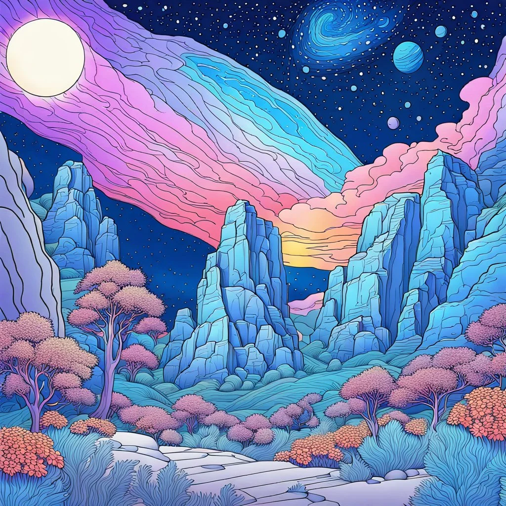 Colourful, peaceful, night sky filled with galaxies and stars, rock formations, trees, flowers, one-line drawing, sharp focus, 8k, 3d, intricate, ornate