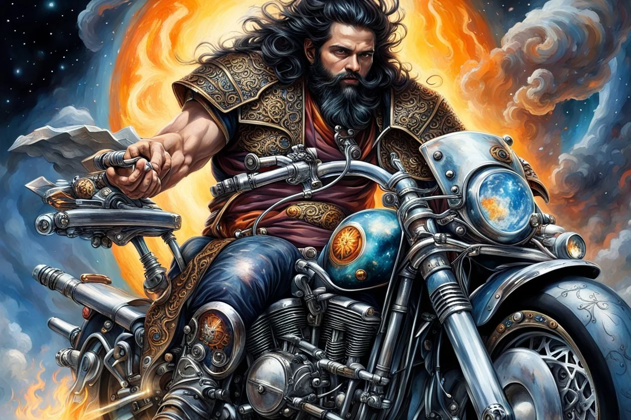 Kebab Man mounted his holy motorcycle, the engine roaring to life with divine power. With a final glance at the celestial realms, he sped down to Earth from heaven, ready to begin his quest. dark beard, flames from the engine