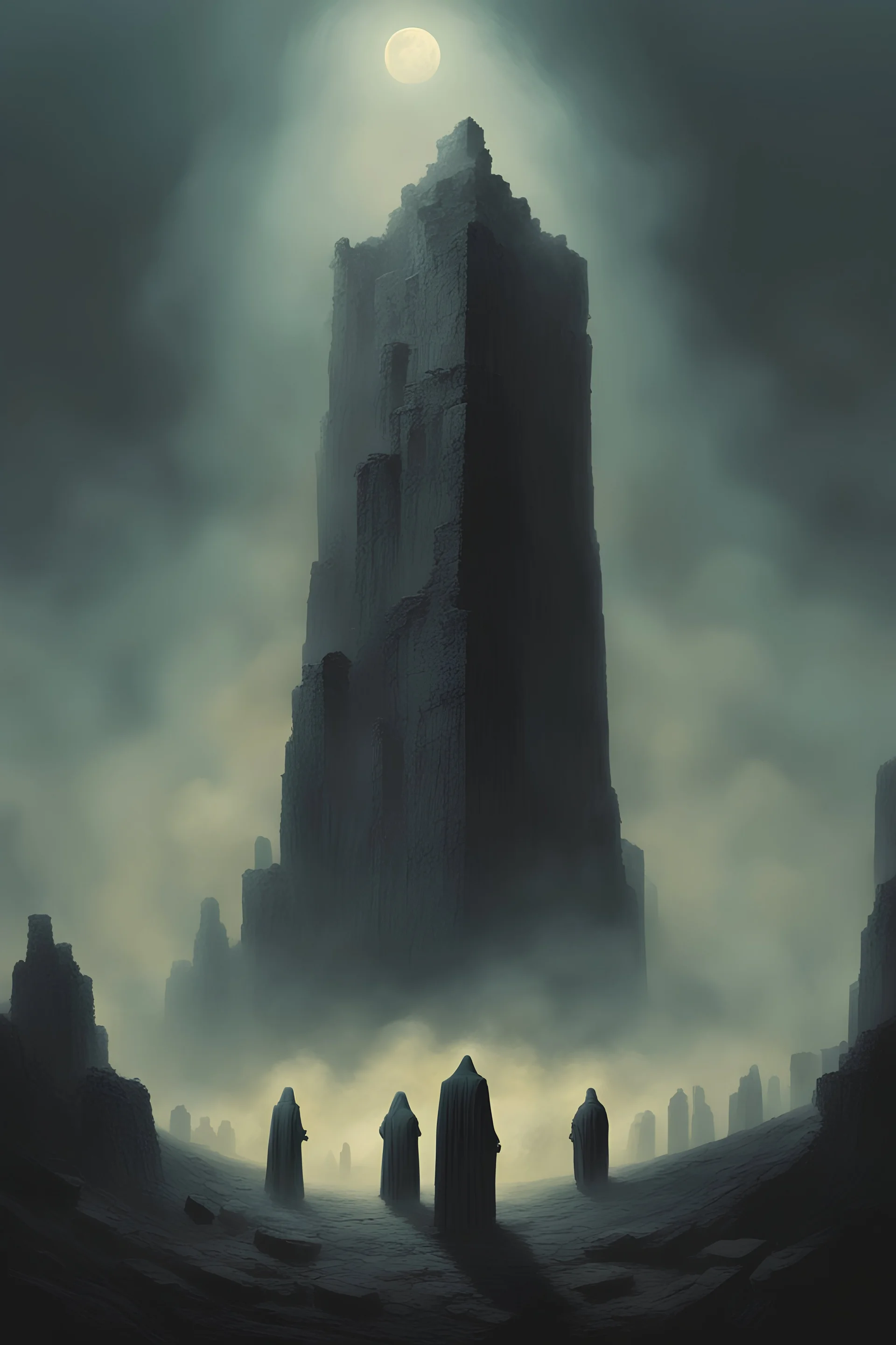 A monolith descending from the sky,pointing down at ancient ruins,flock of robed cultists praying,deep shadows, cinematic lighting,in the style of Zvidslav Beksinski, ominous fog in distance