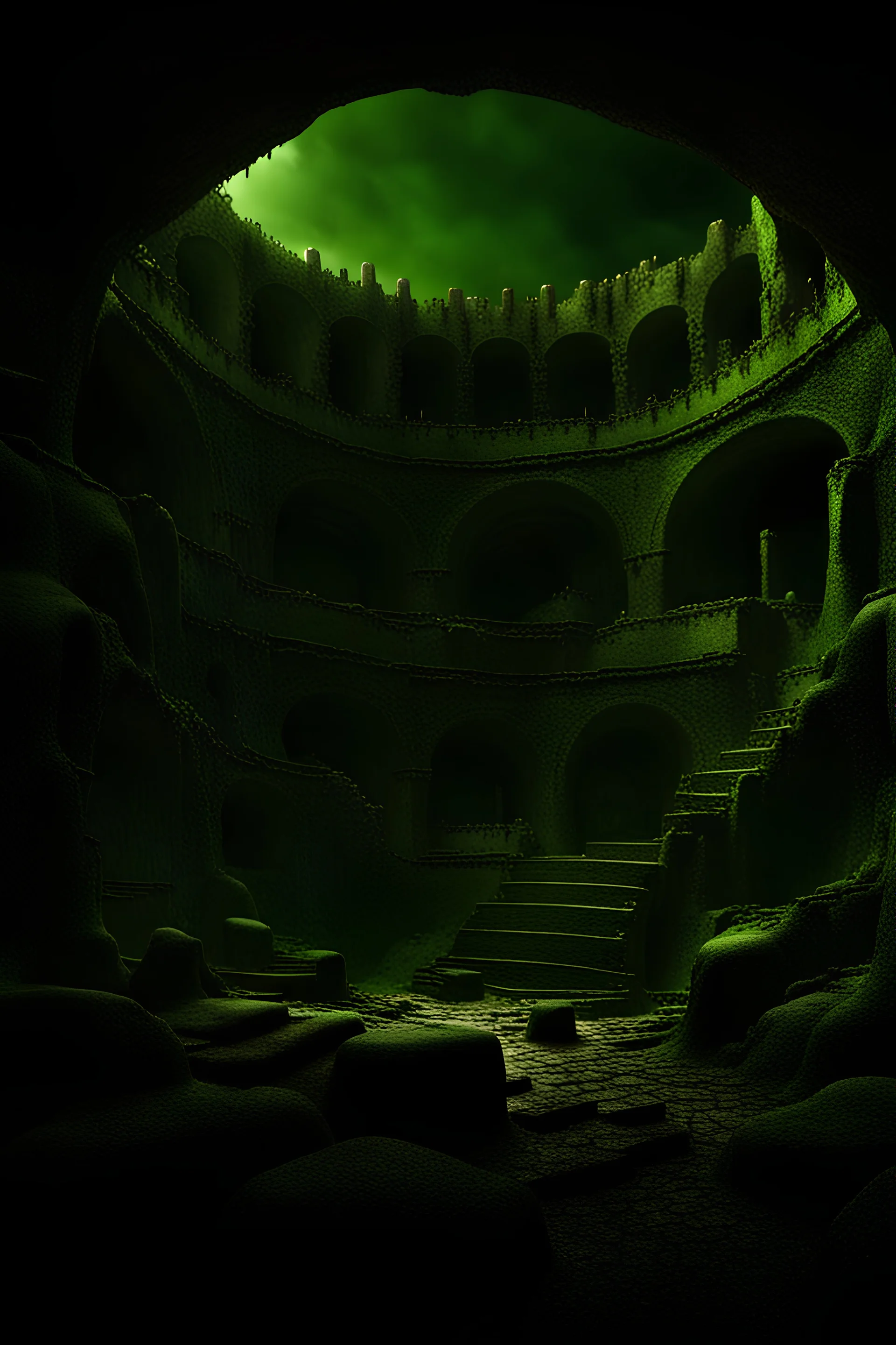 a toxic, Gothic underground city with a big Colosseum in the middle. rigid, criminal, poor, underground, dark, green. like a criminal underground city, In a cave, bellow earth