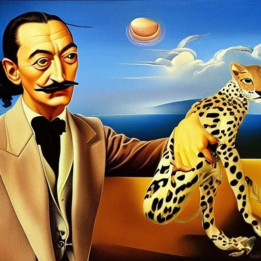 Salvador Dali with his pet ocelot Babou , hypperealism , surrealism , outlandish painting , extreme painting , high definition , high detailed, vivid deep colours, complex ,oil on canvas ,8k,portrait,sharp,beautiful faces ,elegant , focus, close up, fantasy view ,masterpiece, by Salvador Dali .