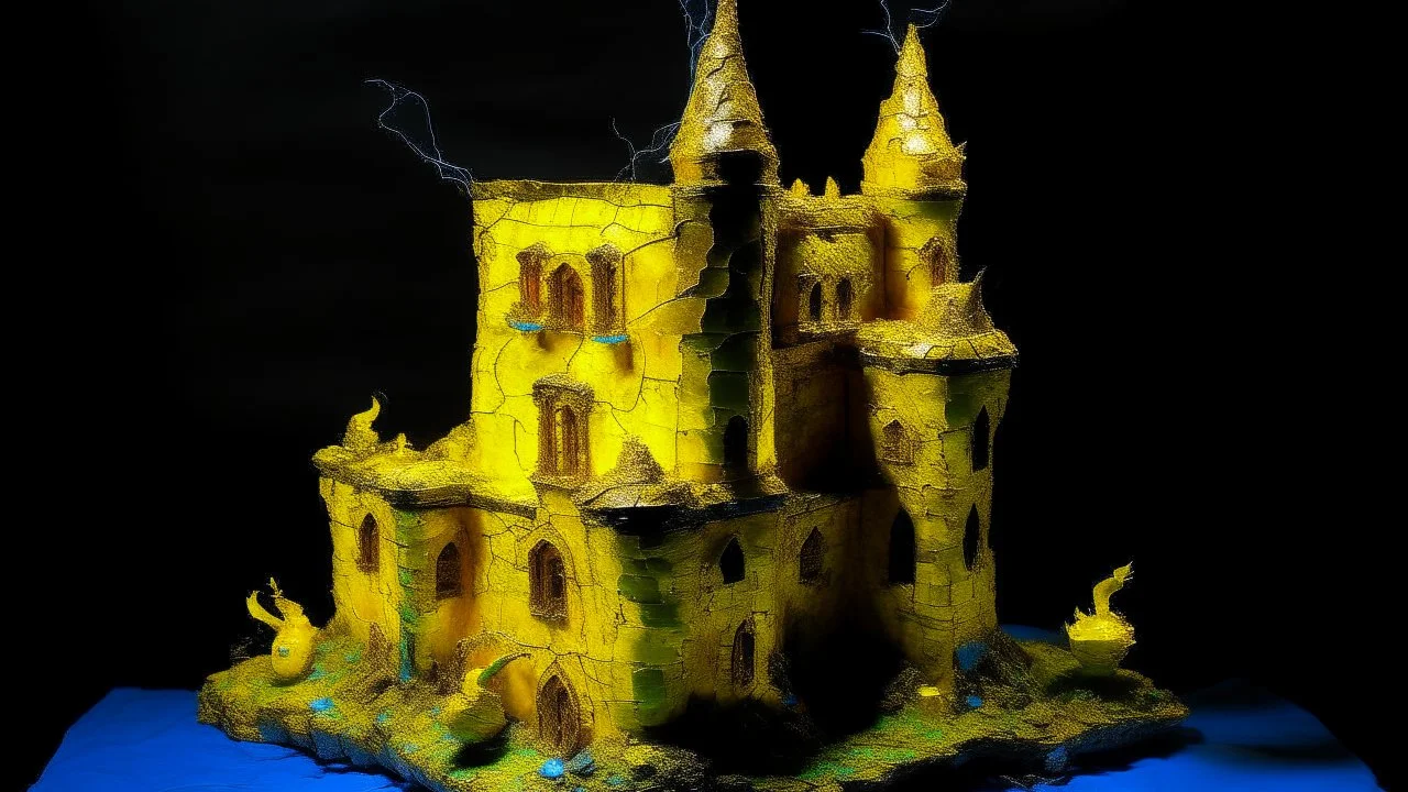 A yellow castle made out of batteries in a thunderstorm designed in ancient Greek pottery painted by Claude Monet