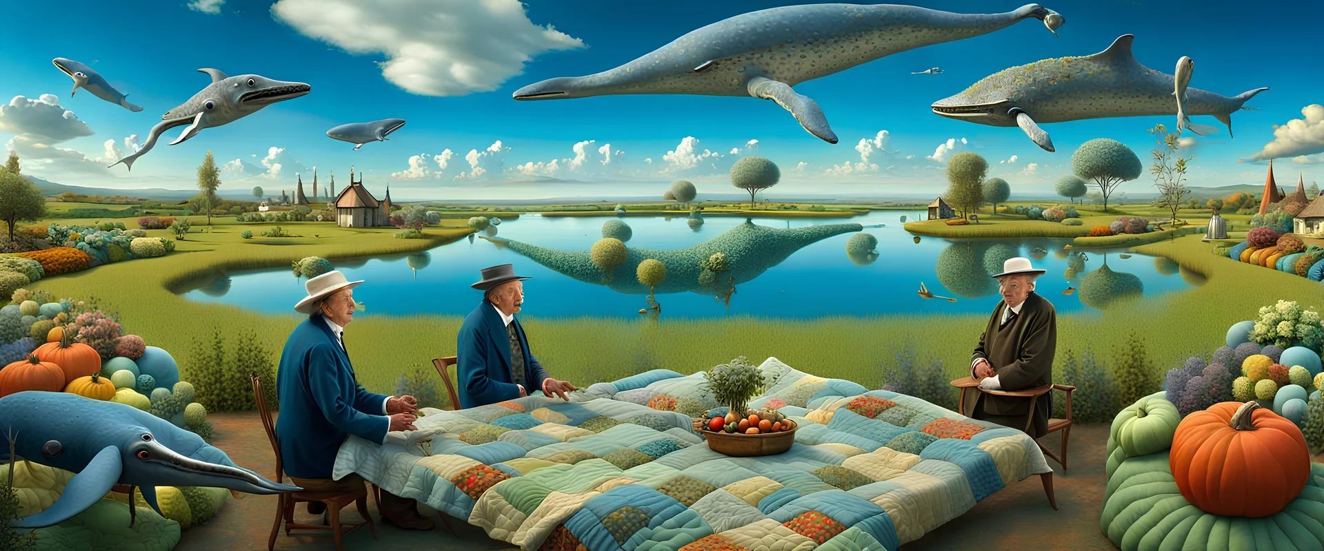 Salvador Dali and Hieronymus Bosch meeting each other at a beautiful outdoor surrealist country market by a small lake, a small flock of dream-like sky-whales swim high in the far distance, surreal outdoor summer scene with a patchwork quilt of fields and hedgerow with strange vegetable creatures, intricate fractal sky, ultra high detail, photoreal, epic cinematic, 8K, Large depth of field