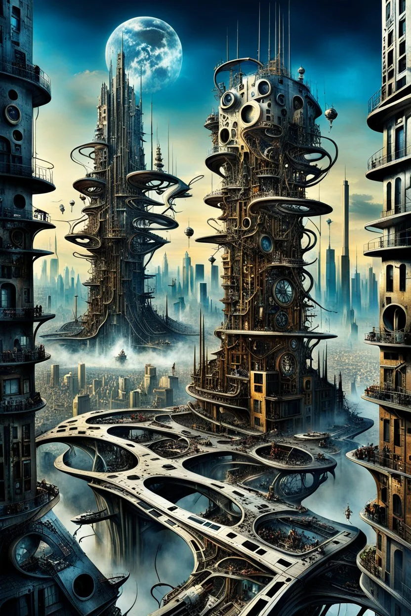 a stunningly weird image of a futuristic metropolis using Salvador Dali's paranoiac-critical method, where buildings and structures appear to melt into the skyline cityscape is filled with floating mad, twisted sharp metal shapes that interact with the buildings and each other, forming a surreal tableau of a dreamlike reality. neu-steampunk vibe, essence of the scene in a cinematic manner, with dramatic shadows that enhance the distorted perspectives and bizarre, futuristic surreal vibe