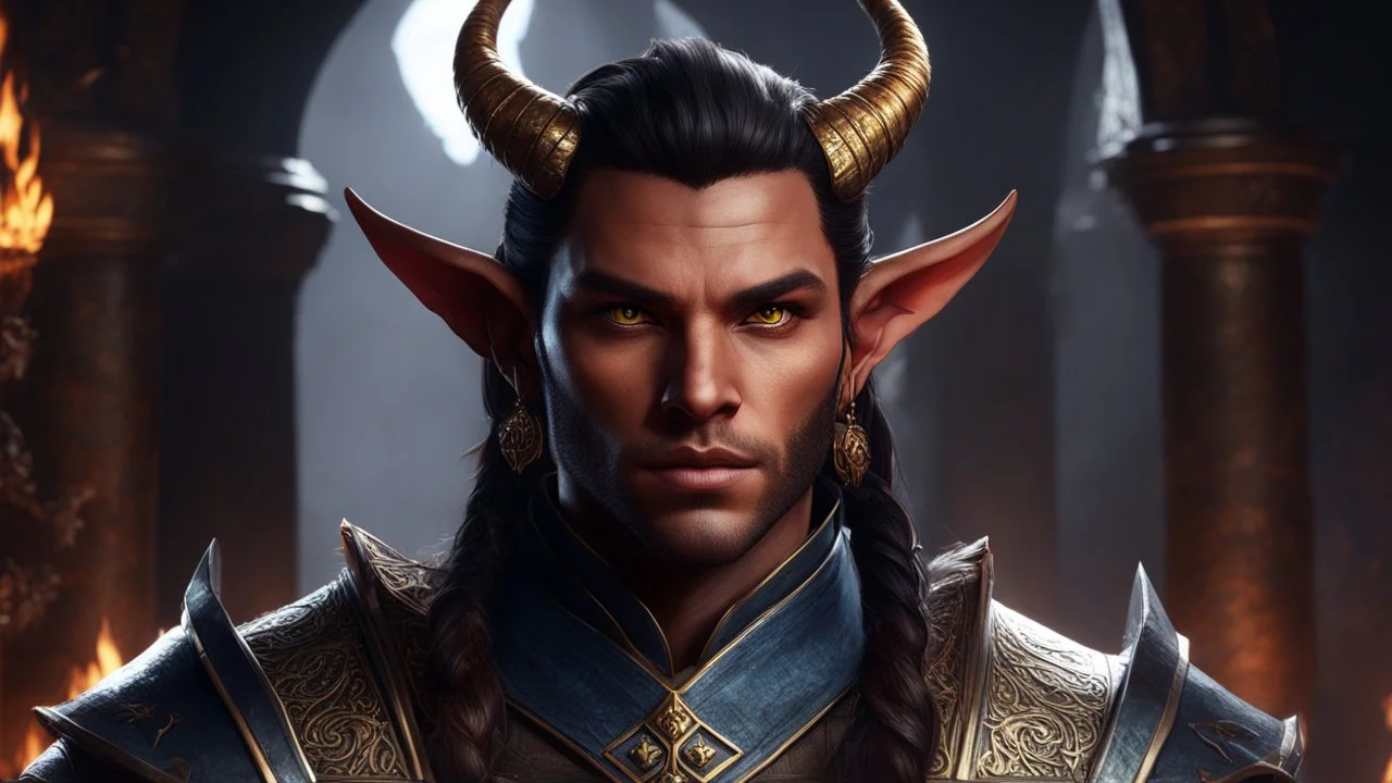 dnd character art of a tiefling cleric. high resolution cgi, small horns and ears, unreal engine 6, high detail, cinematic.