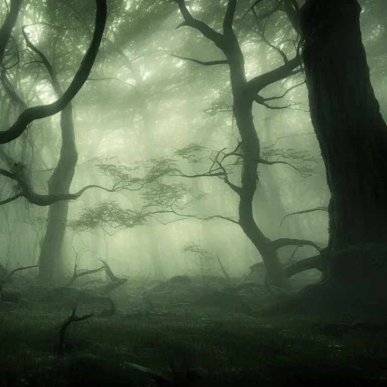 spooky forest, 4k, 8k, highly detailed, cinematic, ultra photorealistic, volumetric lighting, sharp details, mist, trees, depth of field, sun shafts, sunset, wide view