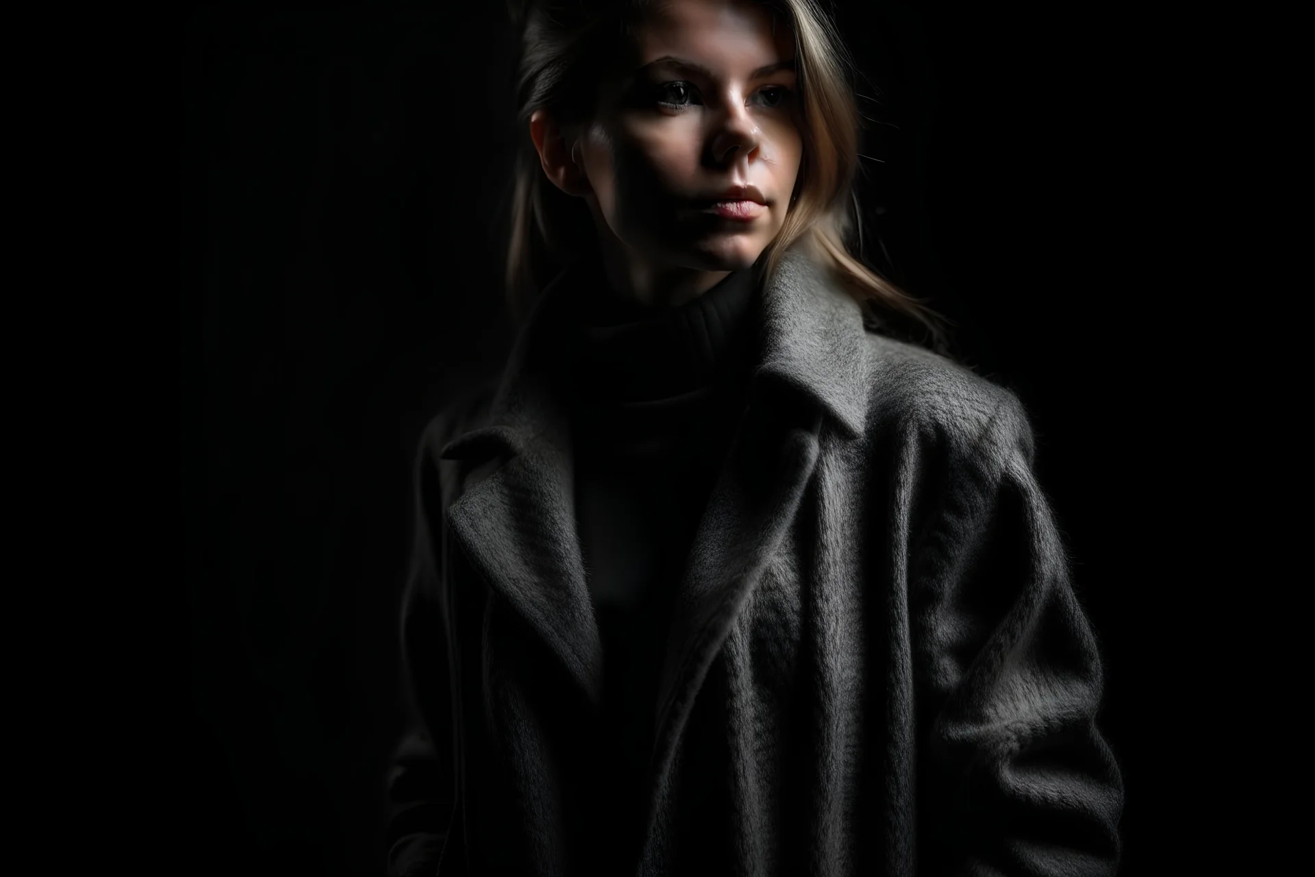 an image of a female model in a grey wool coat. black background. fashion style photo