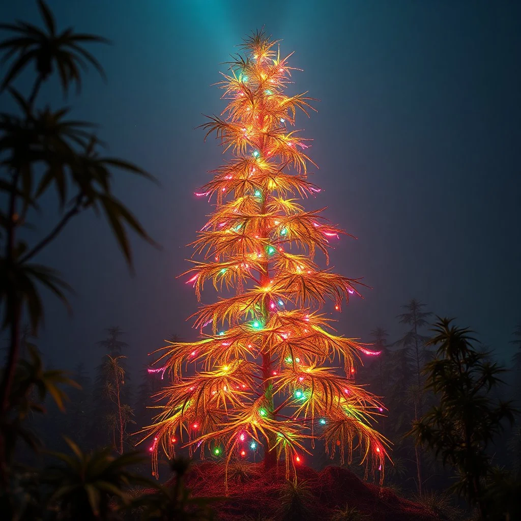 created an image of an extraterrestrial hemp Christmas tree hyperrealistic, ultra HD, in 8K, The tree is rare and extraña, no one sees what you see in the tree, Tiene rare colors that mix fluorescence and bioluminescence, in all the paleta of colors, its extra colors, its tall filaments of pilosos that parecen cobrar vida. The tree creates an alien forest, illuminated by a warm ray of light. Destaca the extraterrestrial environment and the hojas de la hierba.Style: Hi