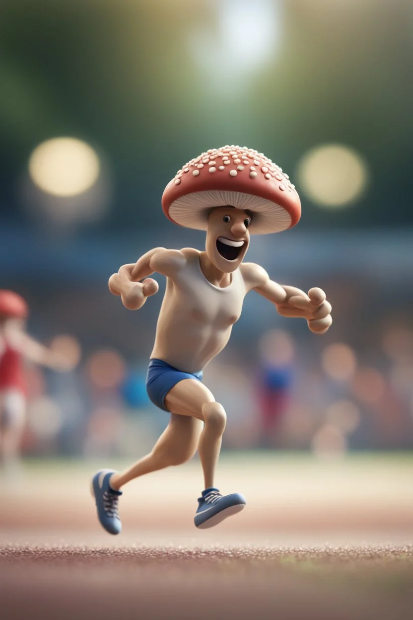 cartoonish mushroom man running 100 meter in the Olympics ,,bokeh like f/0.8, tilt-shift lens 8k, high detail, smooth render, down-light, unreal engine