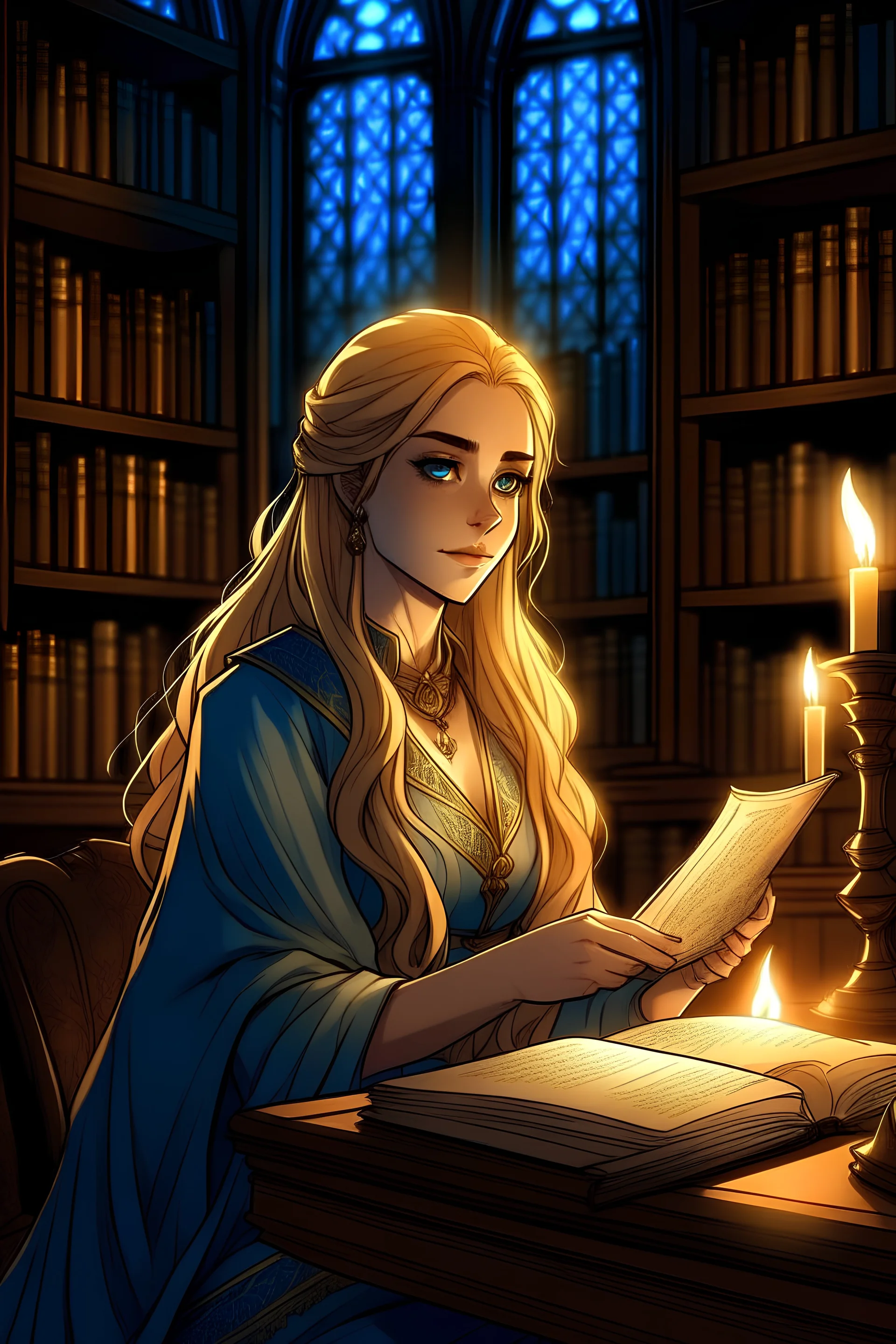 female, royal scribe sitting in library, candlelit, noble face, blue eyes, long blonde hair, digital comic style