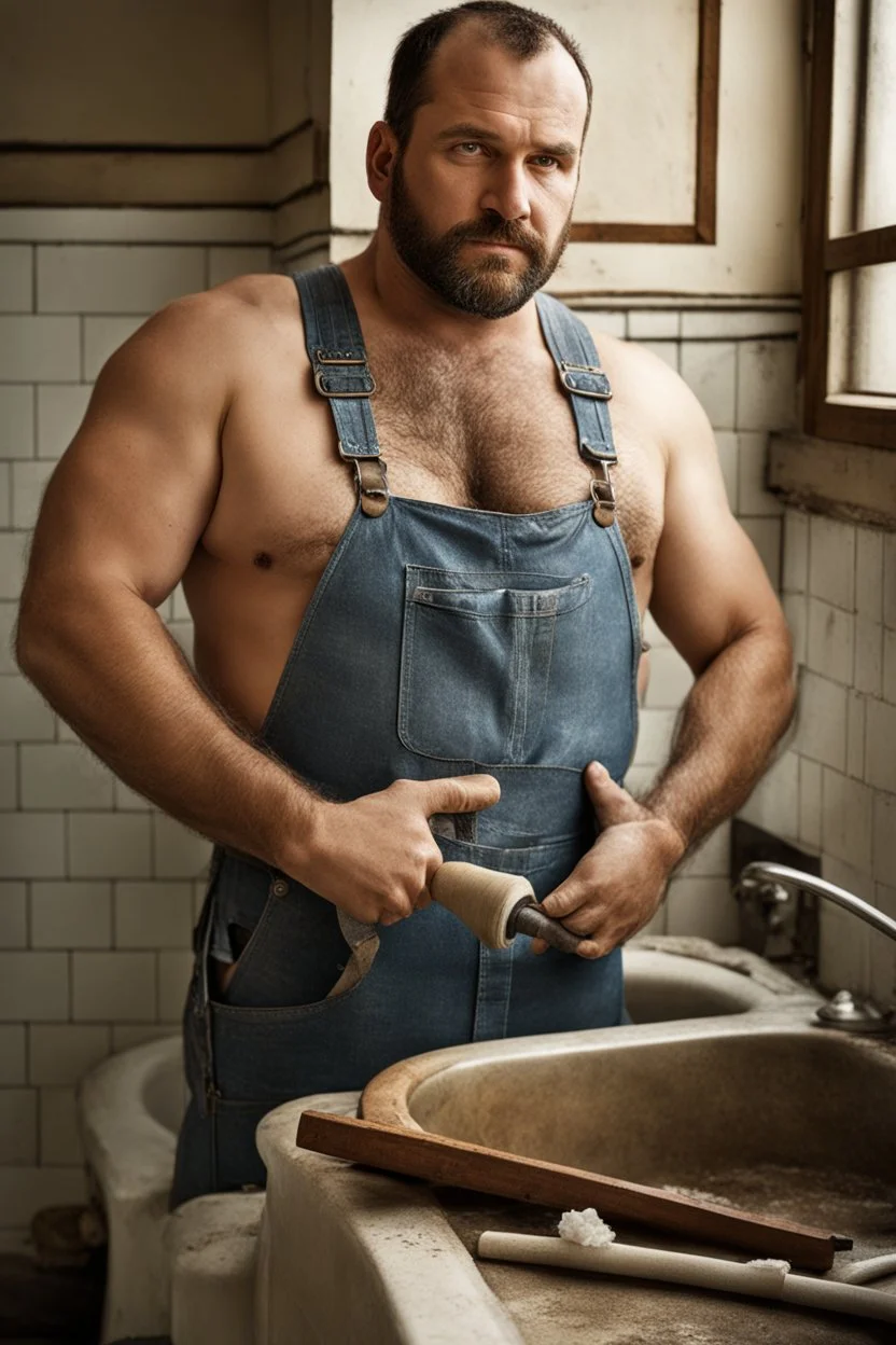 full figure photo, two burly big chubby sicilian plumber, dirty, ripped overalls, 33 years old, crossed arms, shaved, short beard, manly chest, very virile, hairy, manly arms, ugly, big thighs, under the flushing shower, sunlight , photorealistic, 35mm lens, ultra detailed