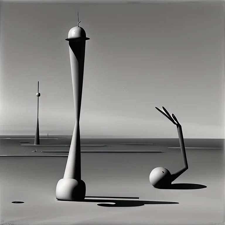 Odd spindle-shaped objects scattered over an arid surface, nothingness, in Yves Tanguy style