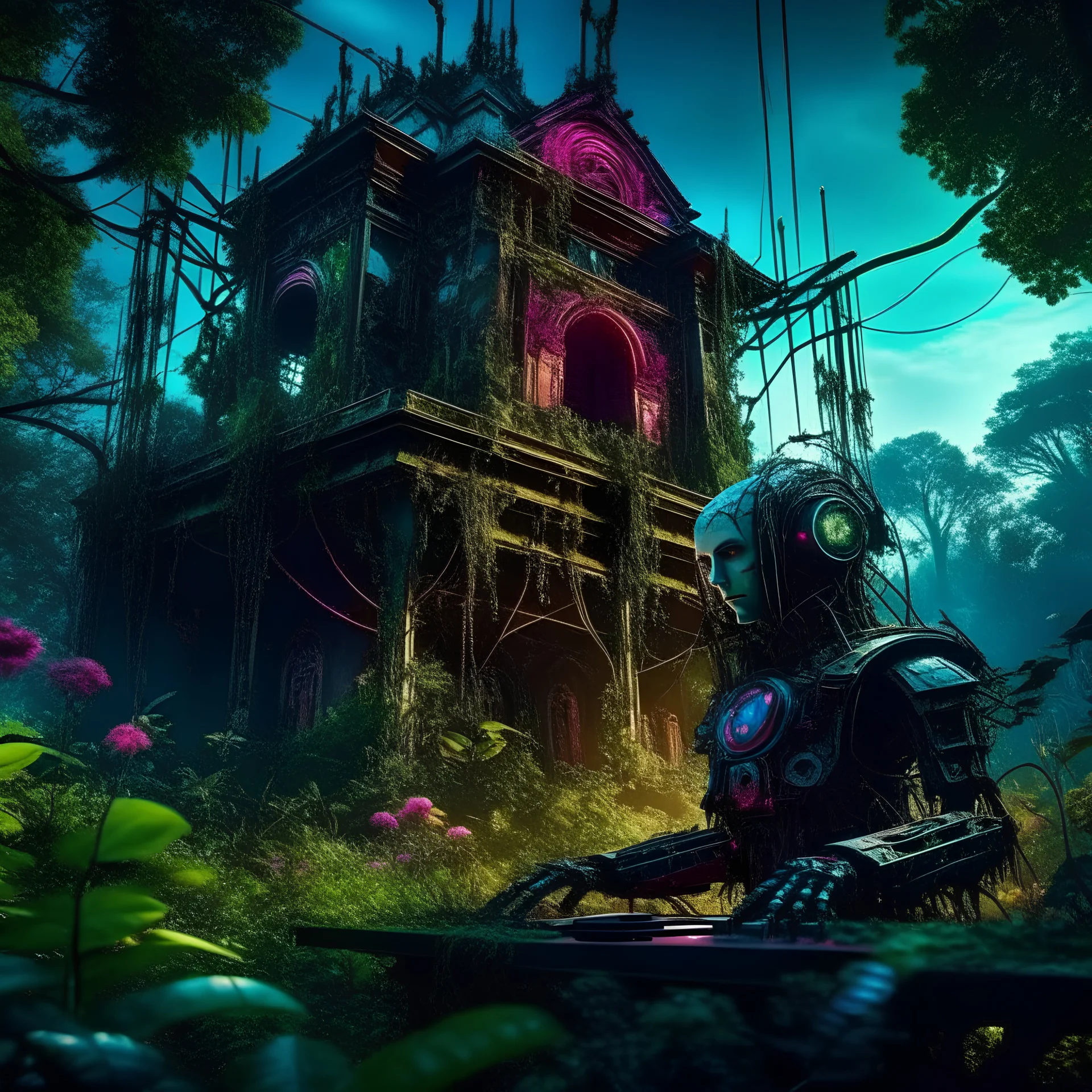 cinematic close up shot of a cyborg cyberpunk robot DJing in an overgrown mysterious forest castle ruins, deep vibrant sky at night with stars, otorealism:1.1), (psychedelic dripping and melting:1.3), masterpiece, epic composition, vibrant colors, flowers foliage and trees