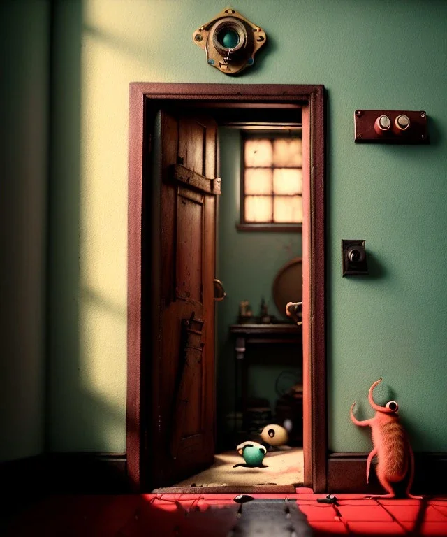 Wes Anderson photographer, room, monster peeking behind the ajar door, Ultra realistic, punk style, wide angle view, soft color, highly detailed, unreal engine 5, ray tracing, RTX, lumen lighting, ultra detail, volumetric lighting, 3d, finely drawn, high definition.