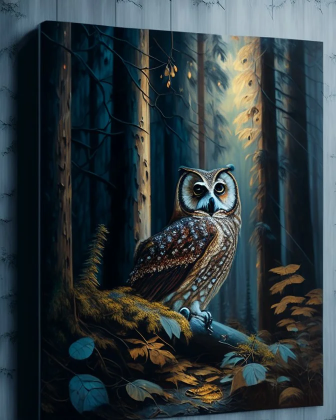 Owl in the woods incredibly detailed oil painting retro 8k art