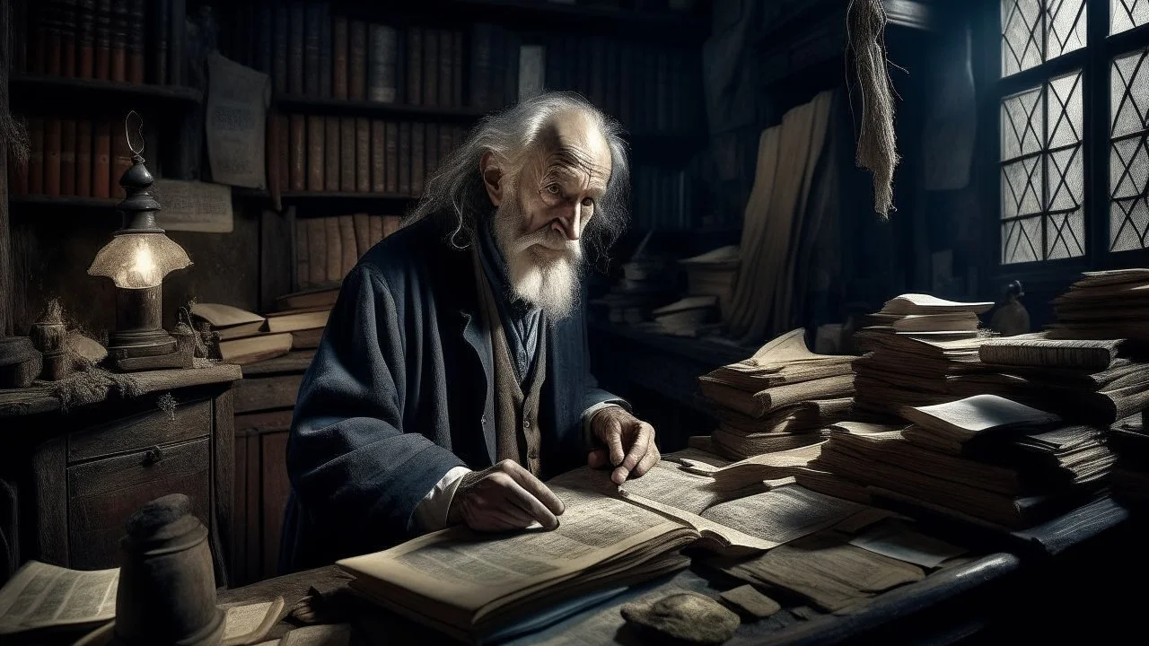 In a dark corner of his old laboratory filled with books and strange tools, researcher Dr. Alexander standing in front of a wooden table covered with old paper and manuscripts. His blue eyes were studying the pages of the books intently, and his thick gray hair was falling gently on his forehead. His facial features exuded a whiff of wisdom and determination. In the middle of this dark laboratory, a faint light glows streaming from a narrow window opening. This light flows through the mines of