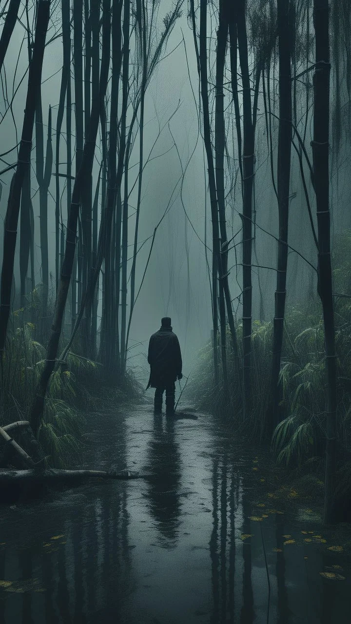 A swamp surrounded by bamboos long trees in cloudy, depressing, foggy, with a dim of light in the distance , on the side an abandoned old hose covered with leaves. A back view of a tall skinny man in black turn his head to his you