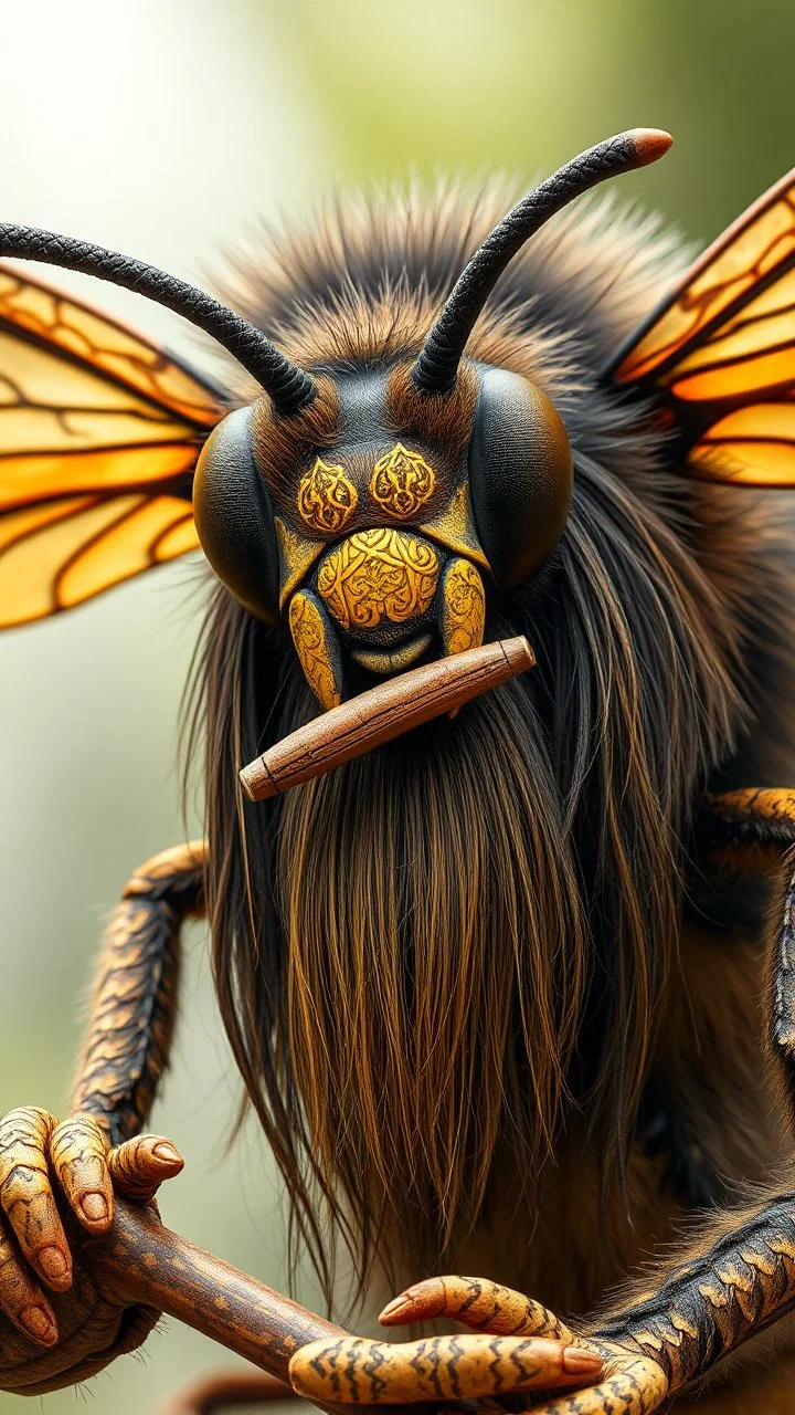 Bee front view with human look face and long hair and beard playing the flute, looks like an ancient Sumerian gods