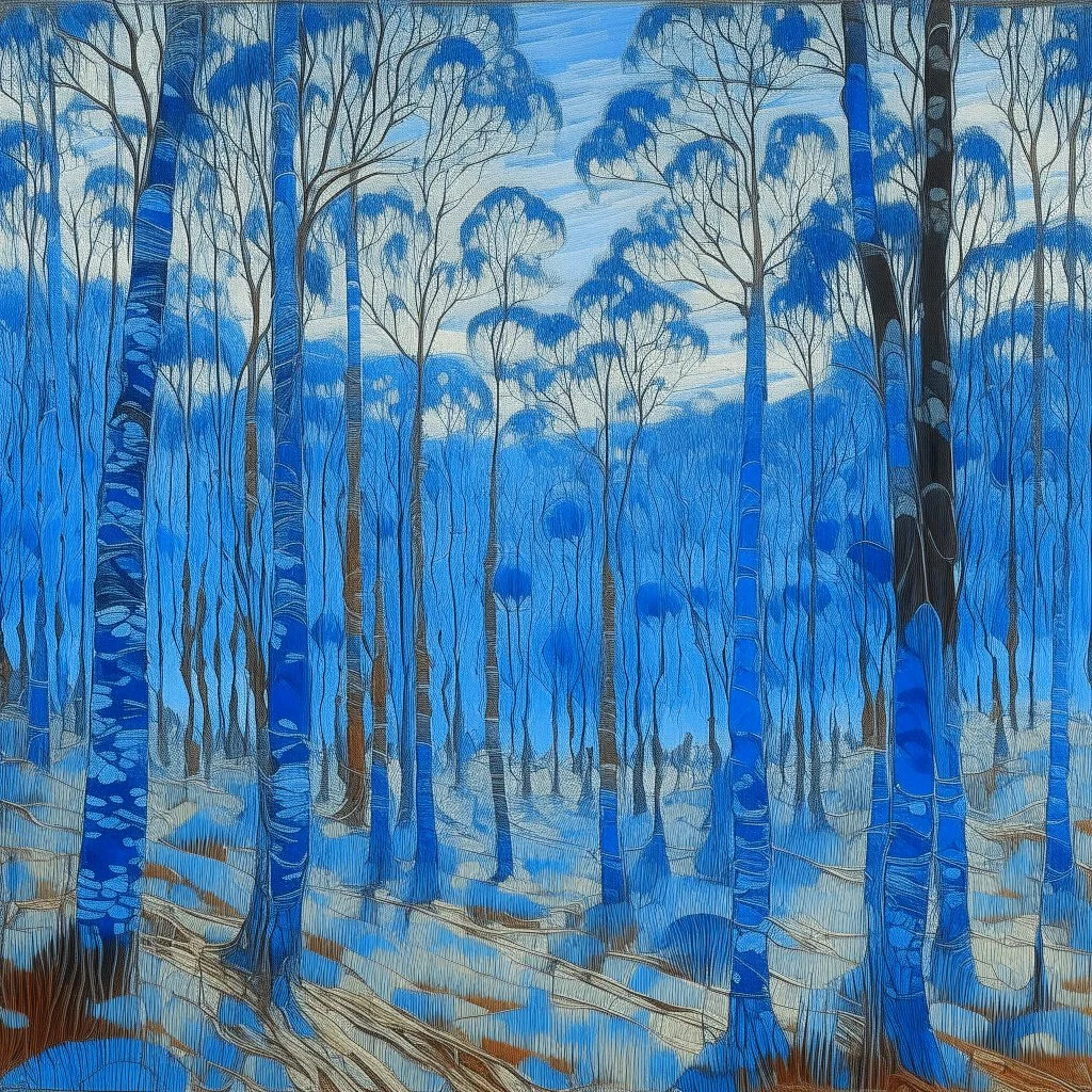 A blue arid forest with spiny trees designed in Australian aboriginal art painted by Claude Monet