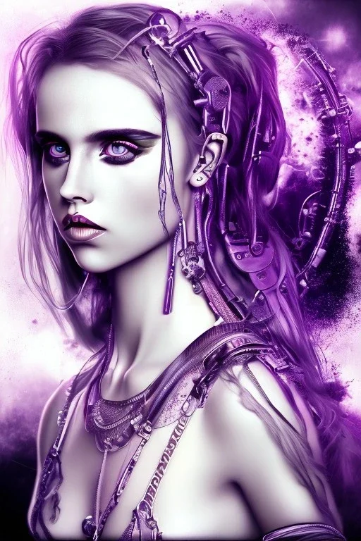 Danish singer MØ face, steampunk, purple tones, high light,