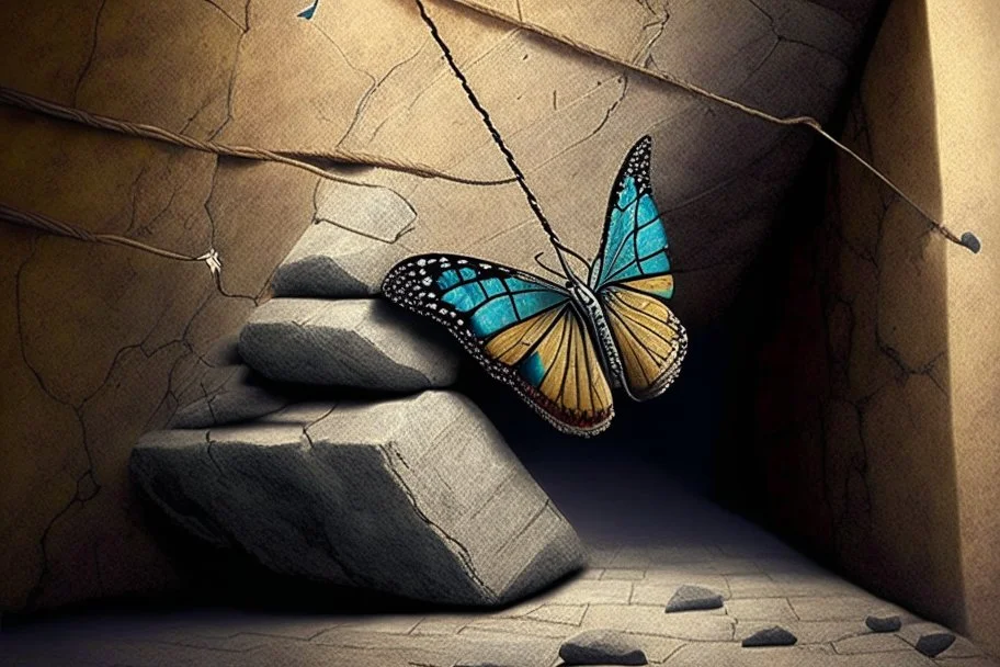 a butterfly trying to pull up a big stone on a staircase with a rope