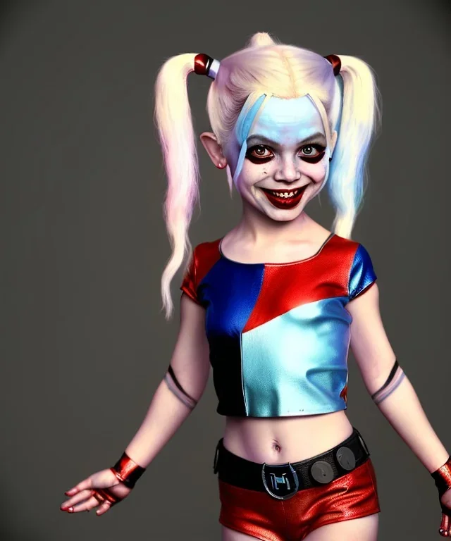 Harley quinn toddler, full body, soft skin, dramatic lighting, hyper realistic