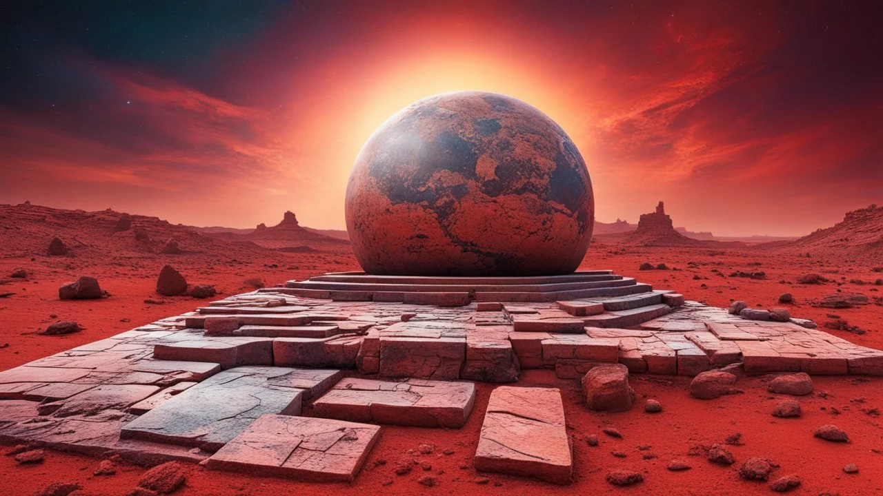 an ancient abstract nonfigurative statue from carved, polished marble blocks lies down on the red Mars planet, background ancient ruins, strange psychedelic sky, cold colors, mystic ancient art, very detailed, cinematic, sharp focus, sci-fi style, utopistic, surreal, psychedelic fantasy