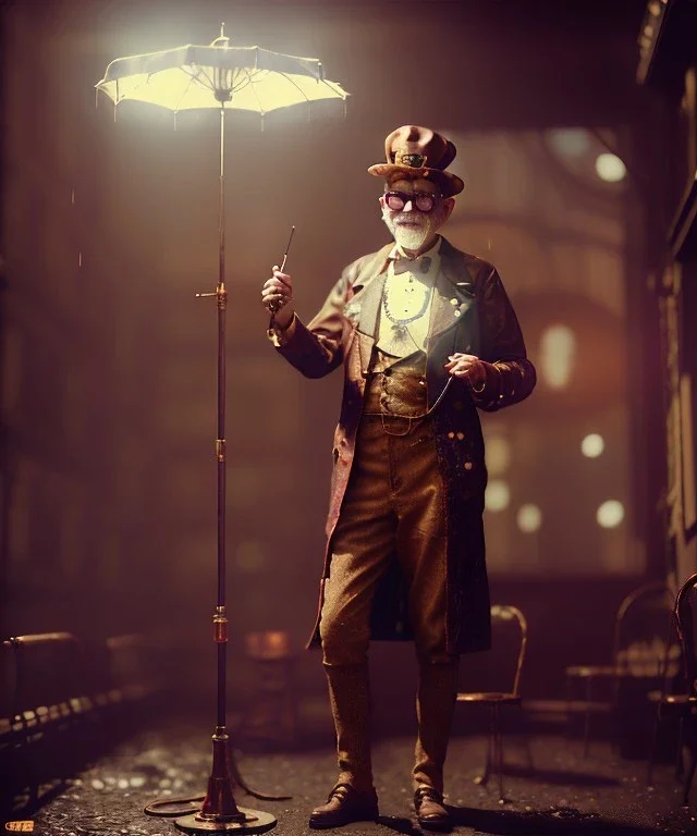 steampunk, cabaret scene. old man. Sunglasses, rain, smoking, happy, hot, people background, highly detailed, concept art, unreal engine 5, god rays, ray tracing, RTX, lumen lighting, ultra detail, volumetric lighting, 3d, finely drawn, high definition, high resolution.