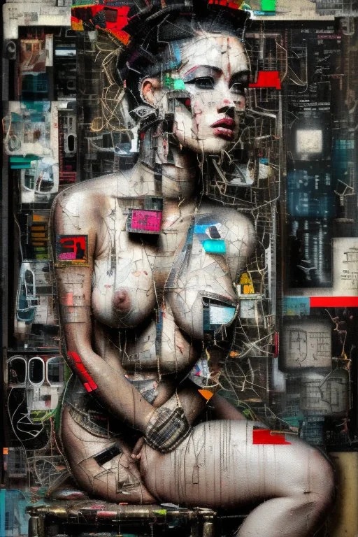 Ultra detailed medium portrait painting of a half naked woman sitting on a chair, no nudity, bended over, dark room with little light coming from an open door behind her, torn up collage of clippings, broken circuitry background, matrix effects, punk visual art, punk art aesthetic, graffiti art, pop surrealism, collage art, cluttered paint glitches