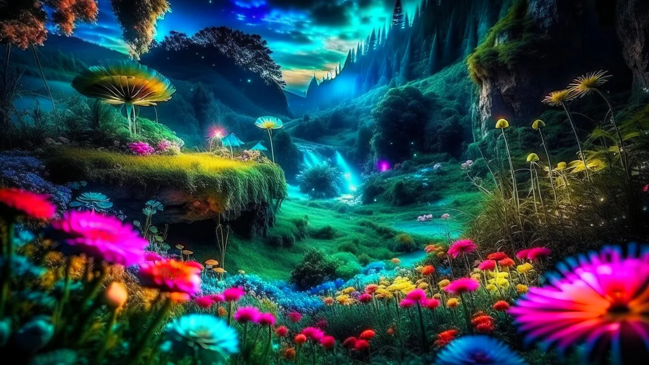 Landscape in a magical place with neon flowers and tiny fairies all in photography art