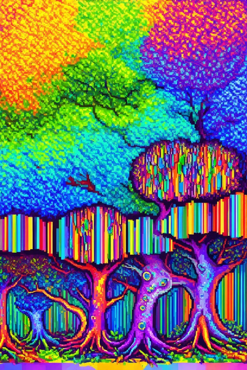 Spotted and striped rainbow colored Tentacle Trees; Cubism