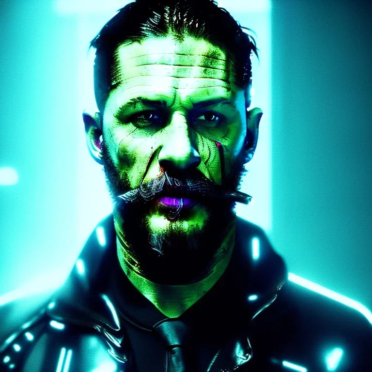 Actor, tom hardy, replicant man, blade runner style, rain, fog, neon ambient, gradient color, clean skin, circuits, latex coat, cyber punk, neon, tubes, portrait, studio photo, unreal engine 5, smooth color, 16 bit, god lights, ray tracing, RTX, lumen lighting, ultra deatail, volumetric lighting, 3d, finely drawn, hd.