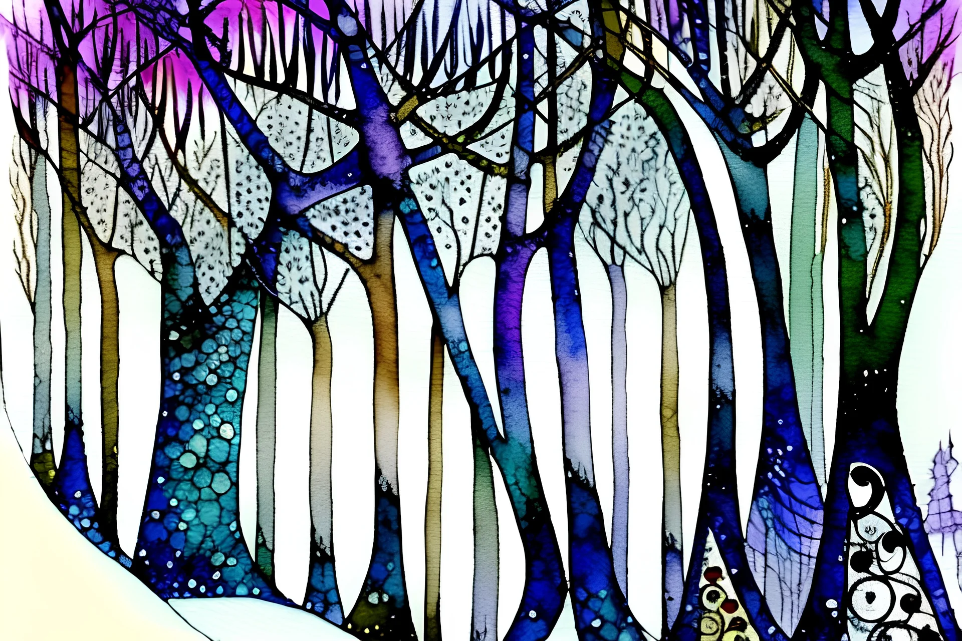 Winter trees elegant fantasy intricate art deco fantasy watercolor mystic Paul Klee Tim burton Yacek Yerka dee Nickerson snow winter cold season