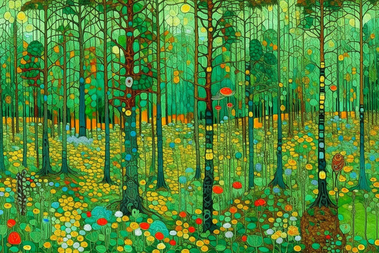 A mint colored forest with insects painted by Gustav Klimt