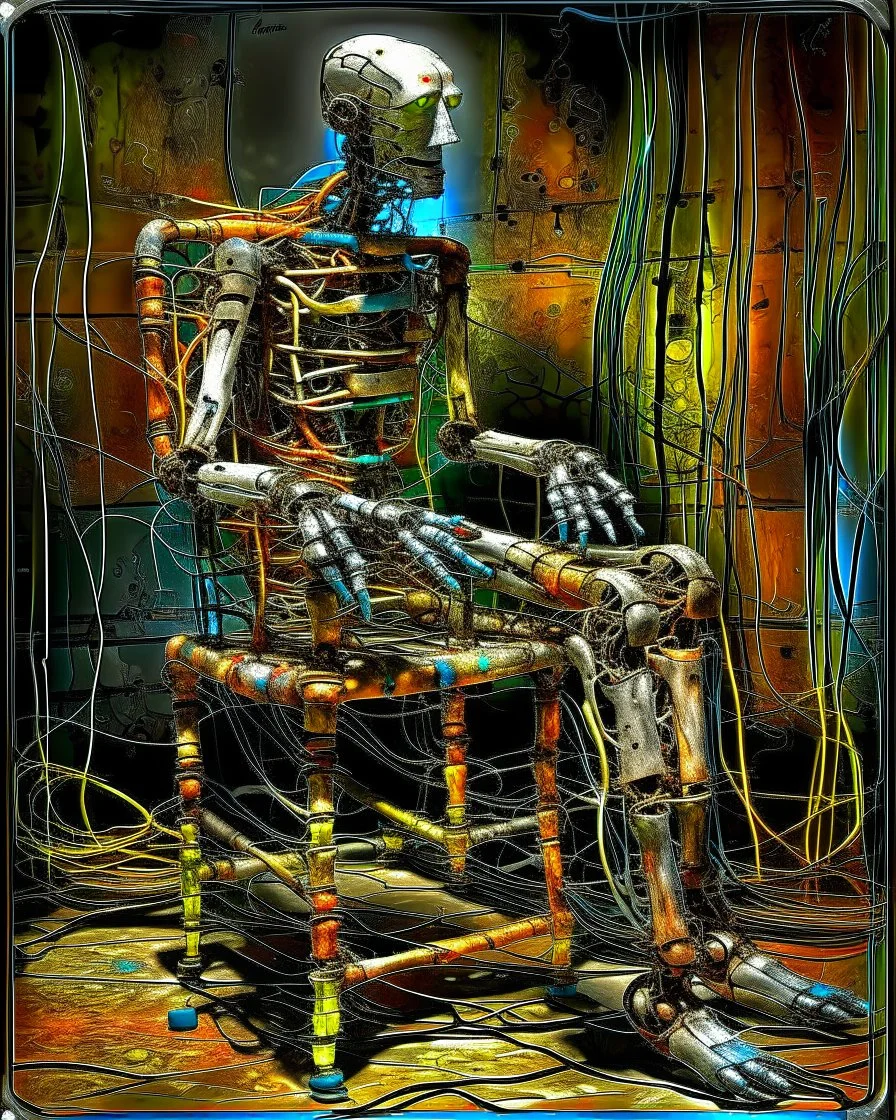 contradiction skipping a presumed egoist overload over subsystem, weak zero, absurd vibe, a # 72, Matt Jones, swoosh dynamics, unexpected improbability, tired old rusty scrappy robot sitting in a shabby wire chair with a walking cane, amazing reflections